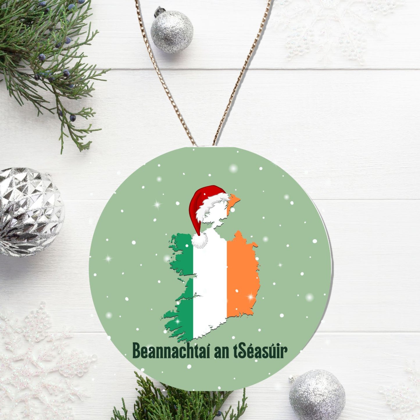 Irish Gaelic Christmas Ornament Nollaig Shona Duit Unique Celtic Ceramic Decoration Ireland with Flag Colors Snow Custom Gift for Irish