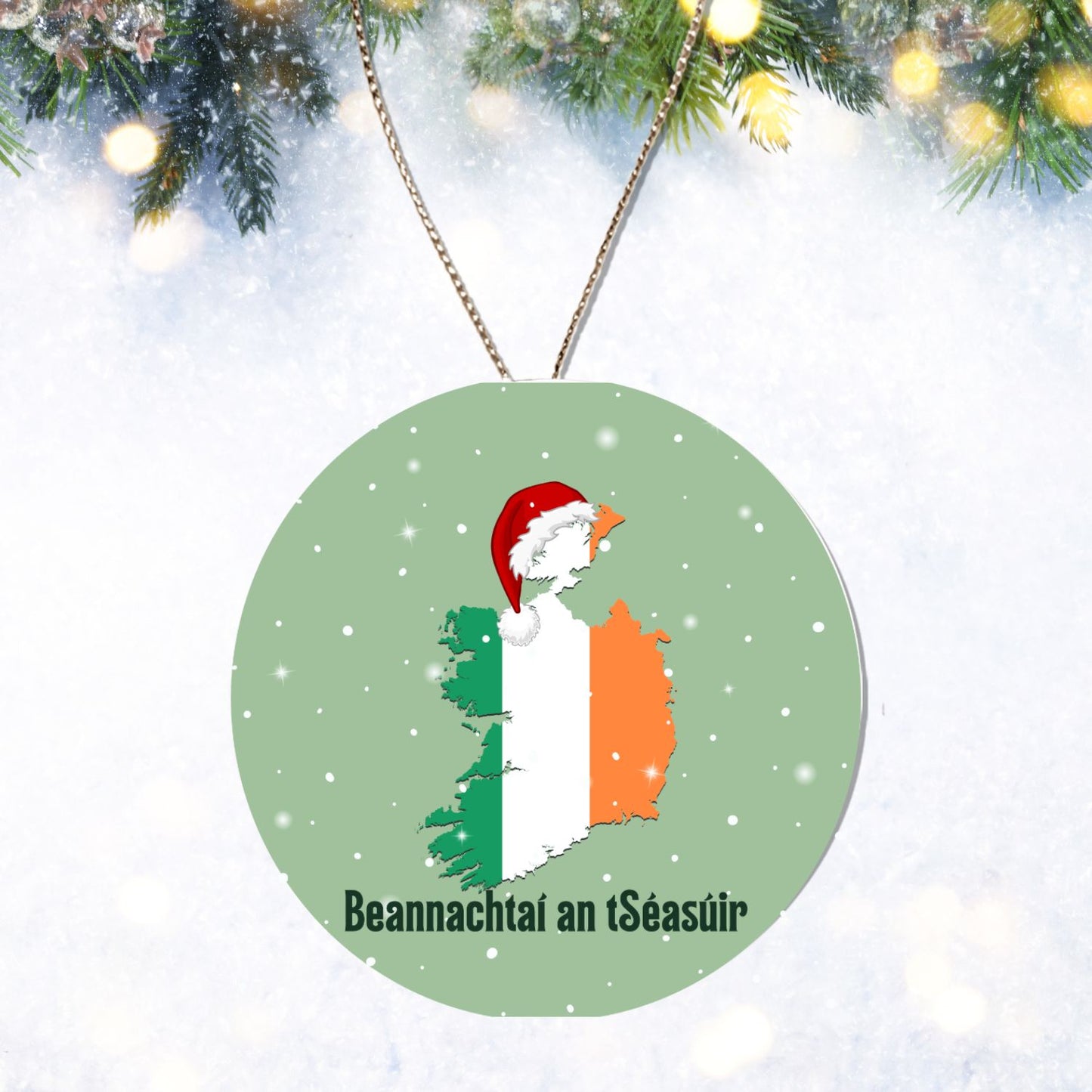 Irish Gaelic Christmas Ornament Nollaig Shona Duit Unique Celtic Ceramic Decoration Ireland with Flag Colors Snow Custom Gift for Irish