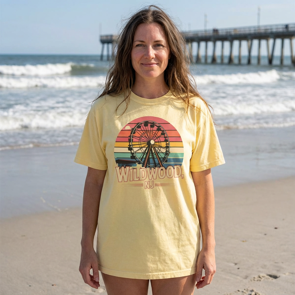 Wildwood NJ Ferris Wheel T-Shirt — Retro Sunset Boardwalk Tee