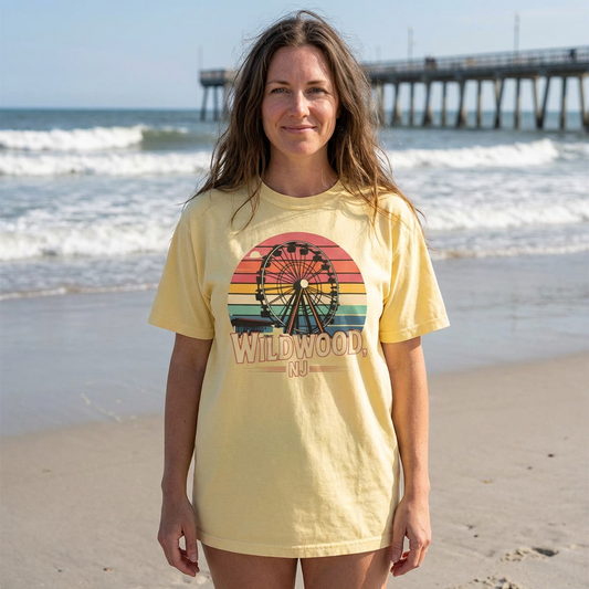 Wildwood NJ Ferris Wheel T-Shirt — Retro Sunset Boardwalk Tee