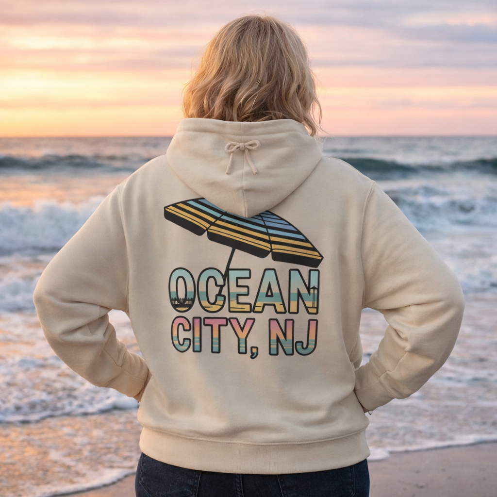 Ocean City NJ Beach Hoodie — Retro Umbrella Coastal Sweatshirt, Vacation & Boardwalk Souvenir