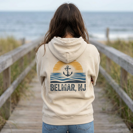 Belmar, NJ Shore Anchor Sunset Hoodie - Vintage Beach Town Pullover