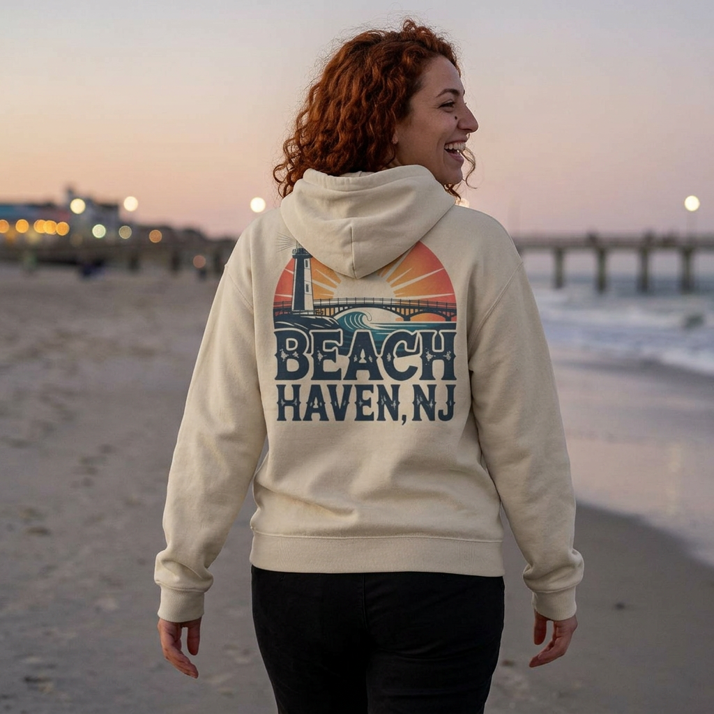 Beach Haven NJ Shore Hoodie – Retro Lighthouse Sunset Sweatshirt