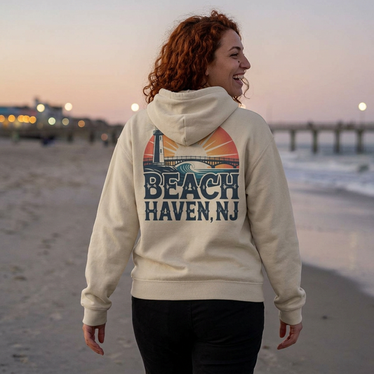 Beach Haven NJ Shore Hoodie – Retro Lighthouse Sunset Sweatshirt