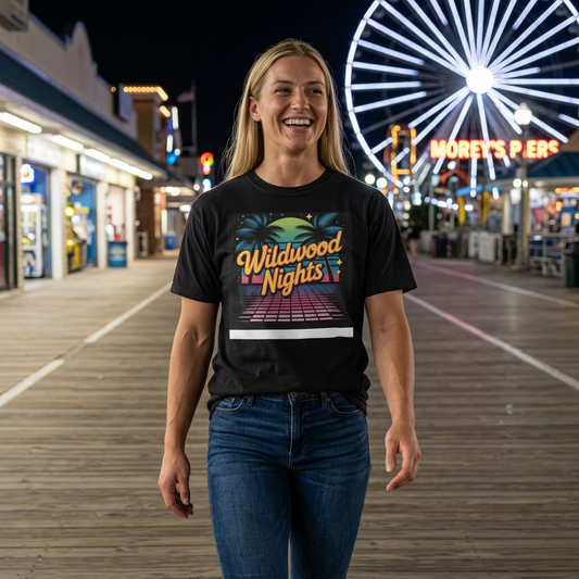 NJ Shore Wildwood Nights T-Shirt — Retro Palm Beach Sunset Tee