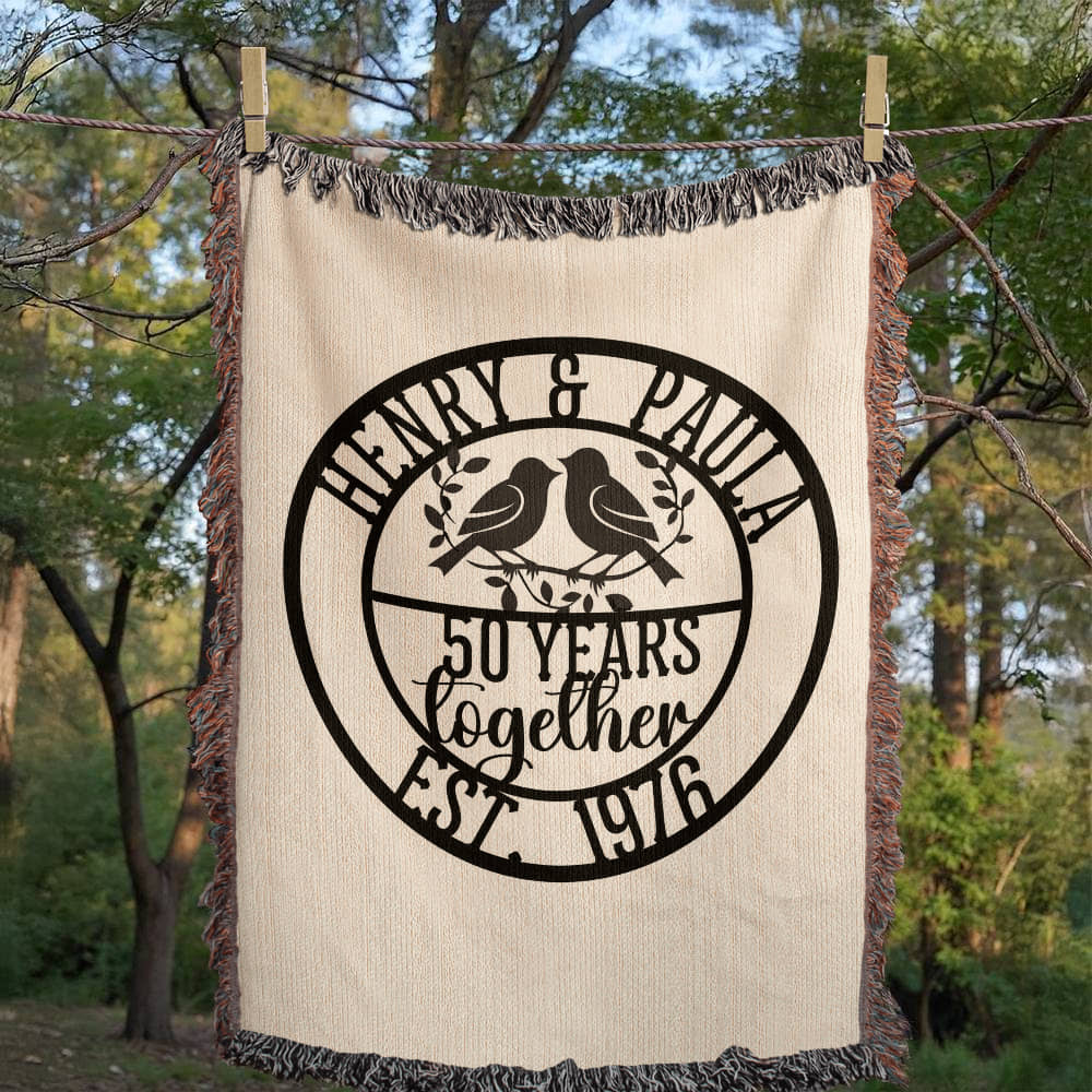 Personalized Woven Anniversary Blanket Gift – 100% Cotton Custom Lovebirds Throw with Names & Date, Luxury Milestone Wedding Gift