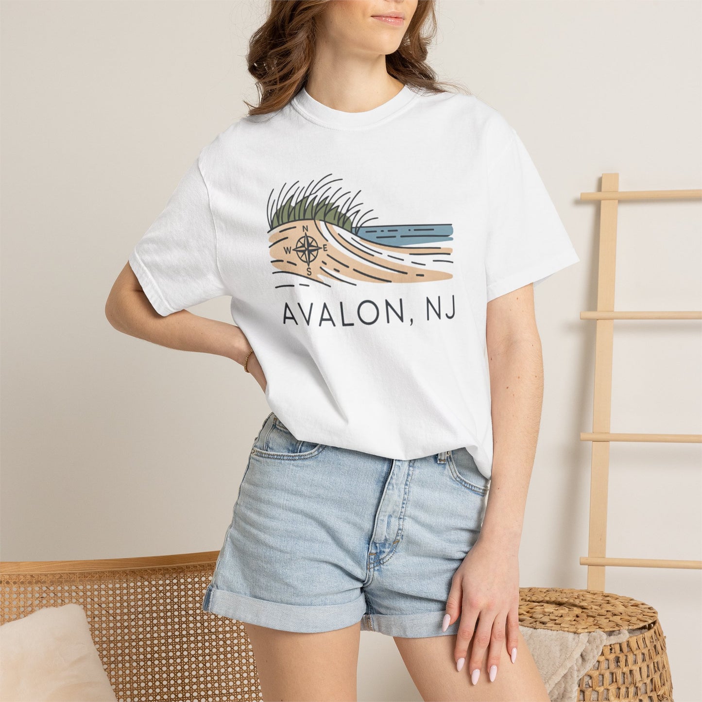 Avalon NJ Beach Compass T-Shirt — Jersey Shore Dune Graphic