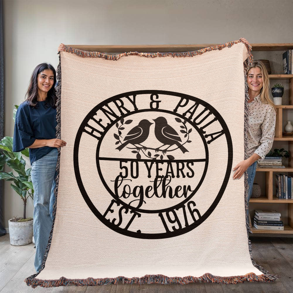 Personalized Woven Anniversary Blanket Gift – 100% Cotton Custom Lovebirds Throw with Names & Date, Luxury Milestone Wedding Gift