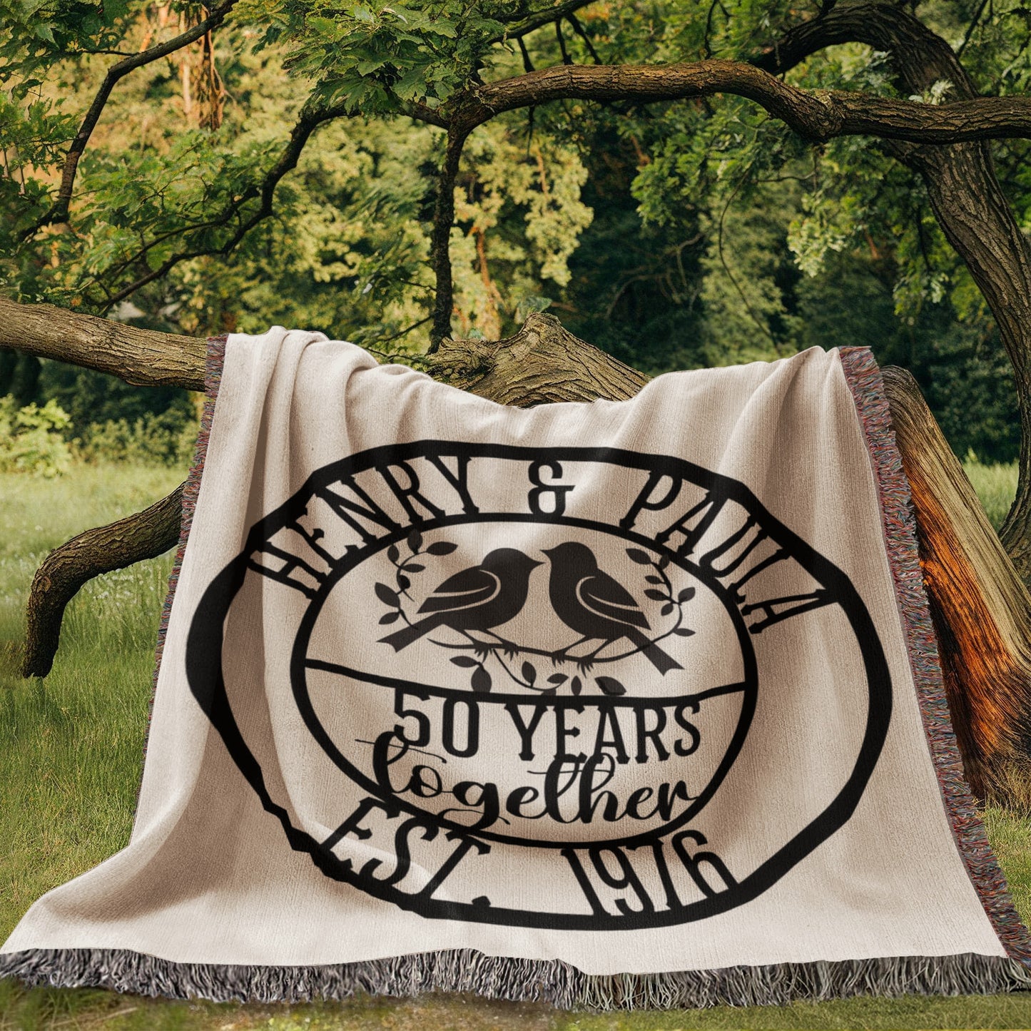 Personalized Woven Anniversary Blanket Gift – 100% Cotton Custom Lovebirds Throw with Names & Date, Luxury Milestone Wedding Gift