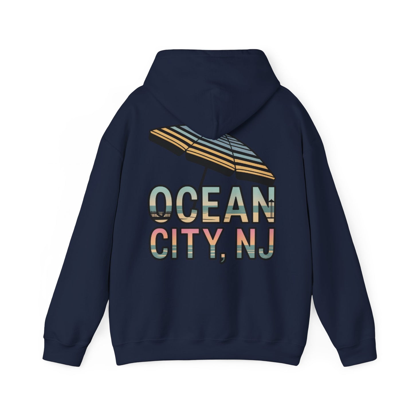 Ocean City NJ Beach Hoodie — Retro Umbrella Coastal Sweatshirt, Vacation & Boardwalk Souvenir