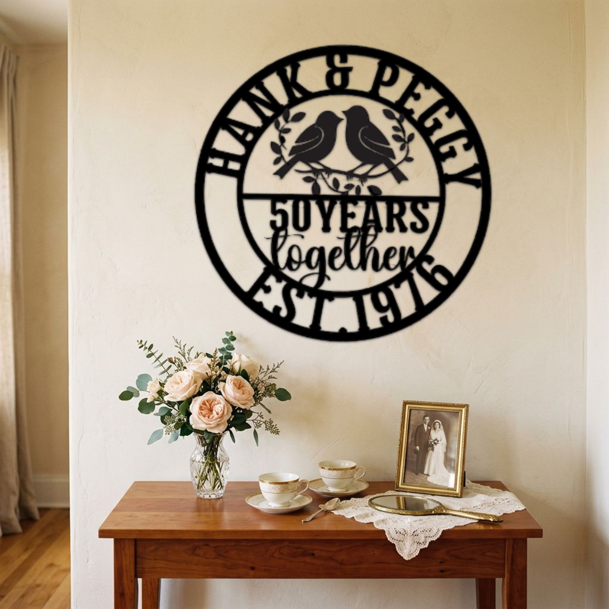 Personalized Anniversary Sign — Custom Names, Years & Love Birds Metal Wall Art