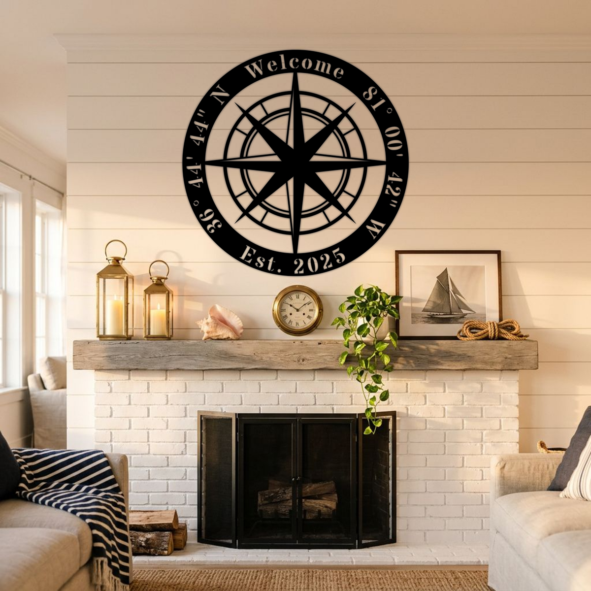 Personalized Compass Rose Coordinates Sign — Custom GPS Latitude & Longitude Metal Wall Art