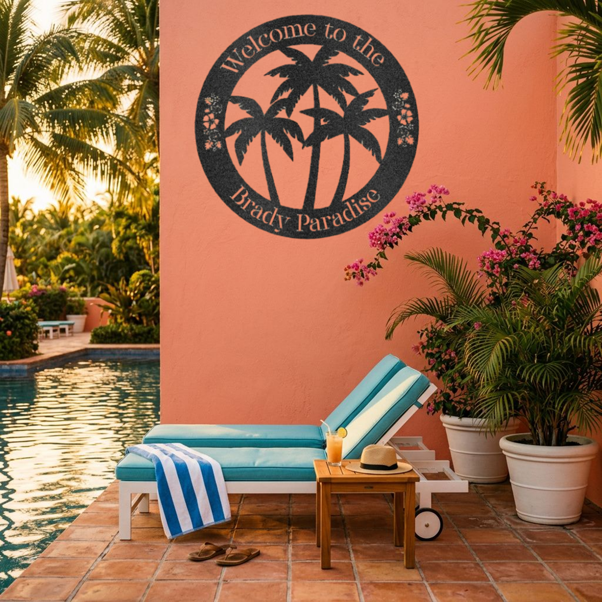 Personalized Palm Tree Welcome Sign — Custom Family Name Tropical Metal Wall Art
