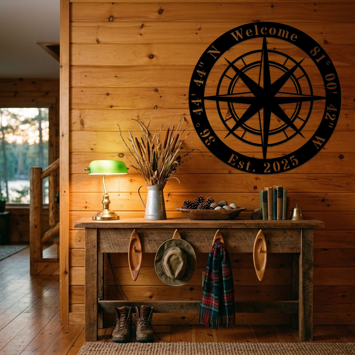 Personalized Compass Rose Coordinates Sign — Custom GPS Latitude & Longitude Metal Wall Art