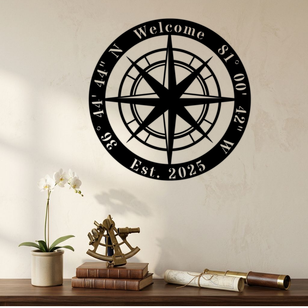 Personalized Compass Rose Coordinates Sign — Custom GPS Latitude & Longitude Metal Wall Art
