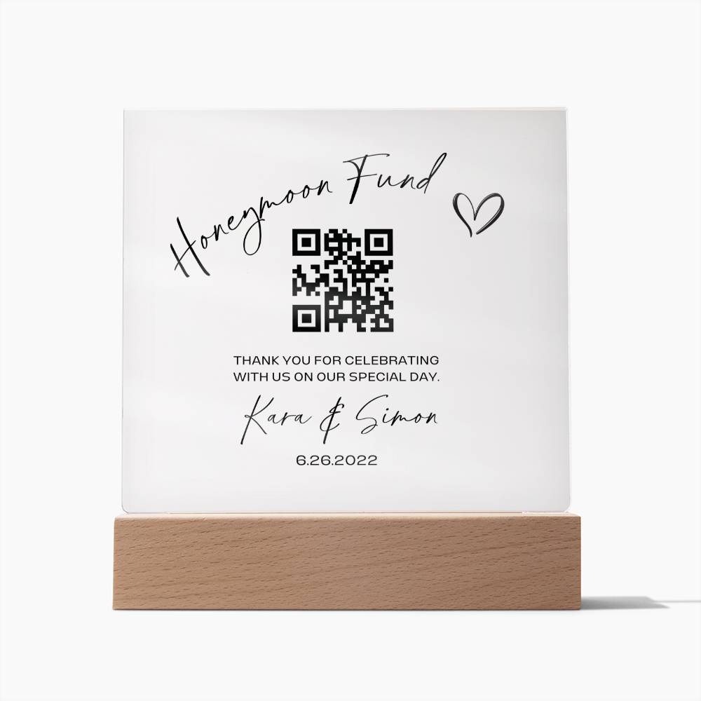 Honeymoon Fund Sign w/ Wooden Stand Scannable QR Code Scan to Pay Wedding Honeymoon Fund Acrylic Sign Wedding Gift Table Decor
