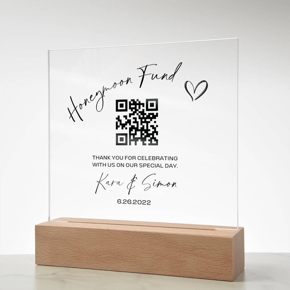 Honeymoon Fund Sign w/ Wooden Stand Scannable QR Code Scan to Pay Wedding Honeymoon Fund Acrylic Sign Wedding Gift Table Decor