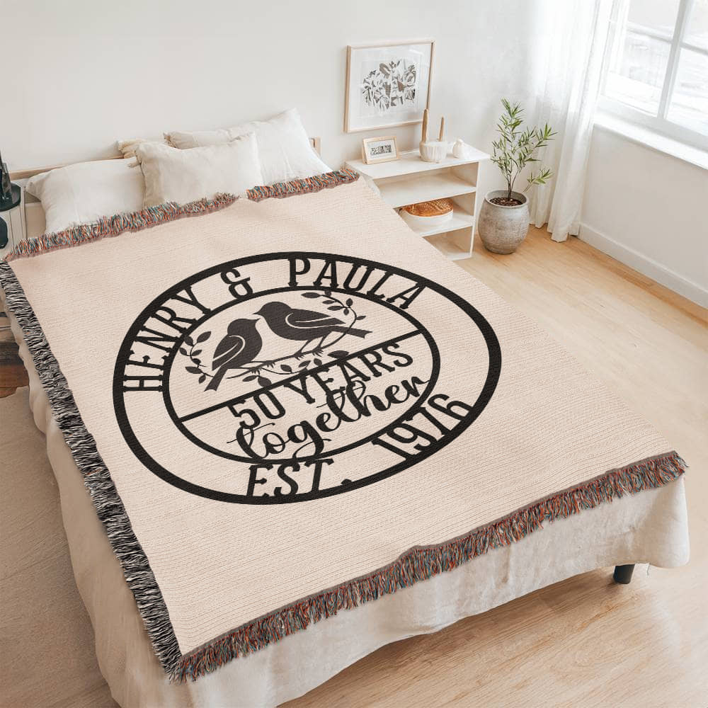 Personalized Woven Anniversary Blanket Gift – 100% Cotton Custom Lovebirds Throw with Names & Date, Luxury Milestone Wedding Gift