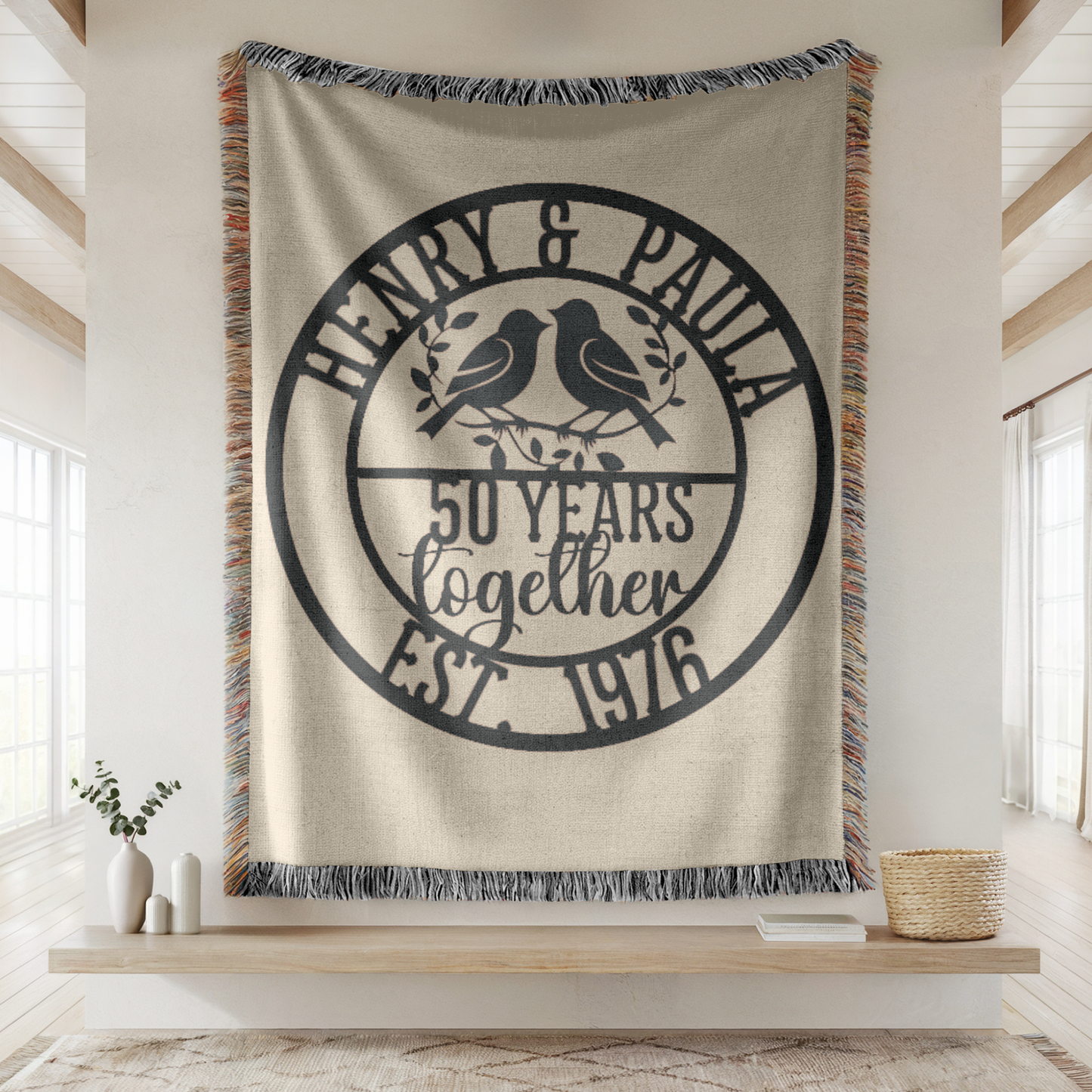 Personalized Woven Anniversary Blanket Gift – 100% Cotton Custom Lovebirds Throw with Names & Date, Luxury Milestone Wedding Gift