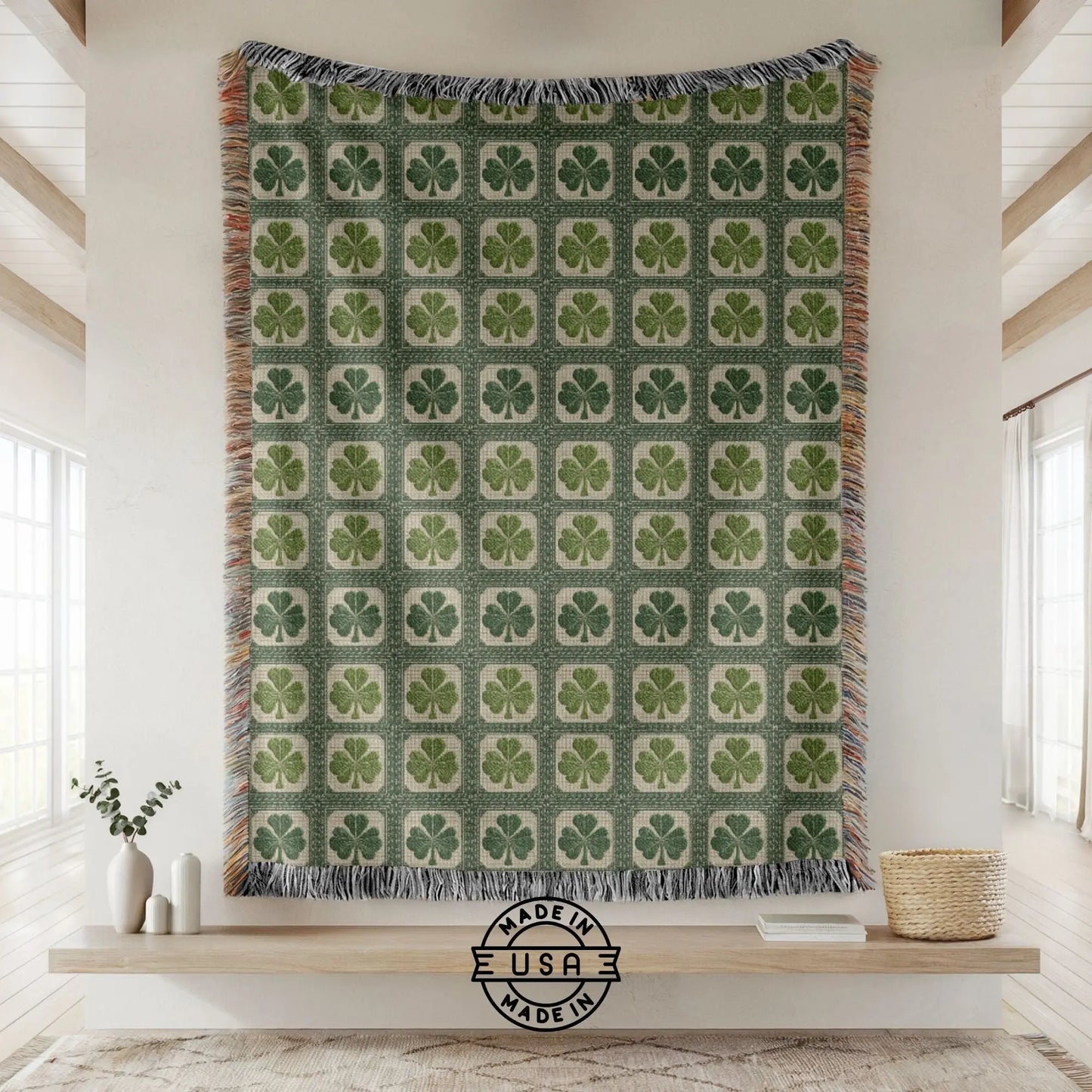 Irish Shamrock Woven Blanket Keepsake Gift – 100% Cotton Celtic Home Decor