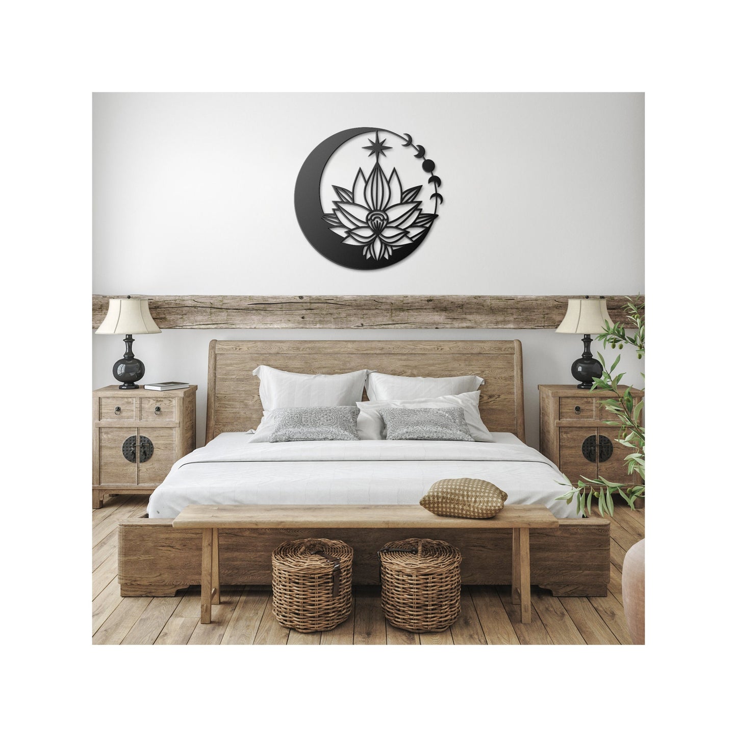 Lotus Moon Phase Metal Art for Wall - Indoor Outdoor Yoga Decor Gift - Spiritual Moon and Star Wall Hanging - Gift for Yogi clickcoastal