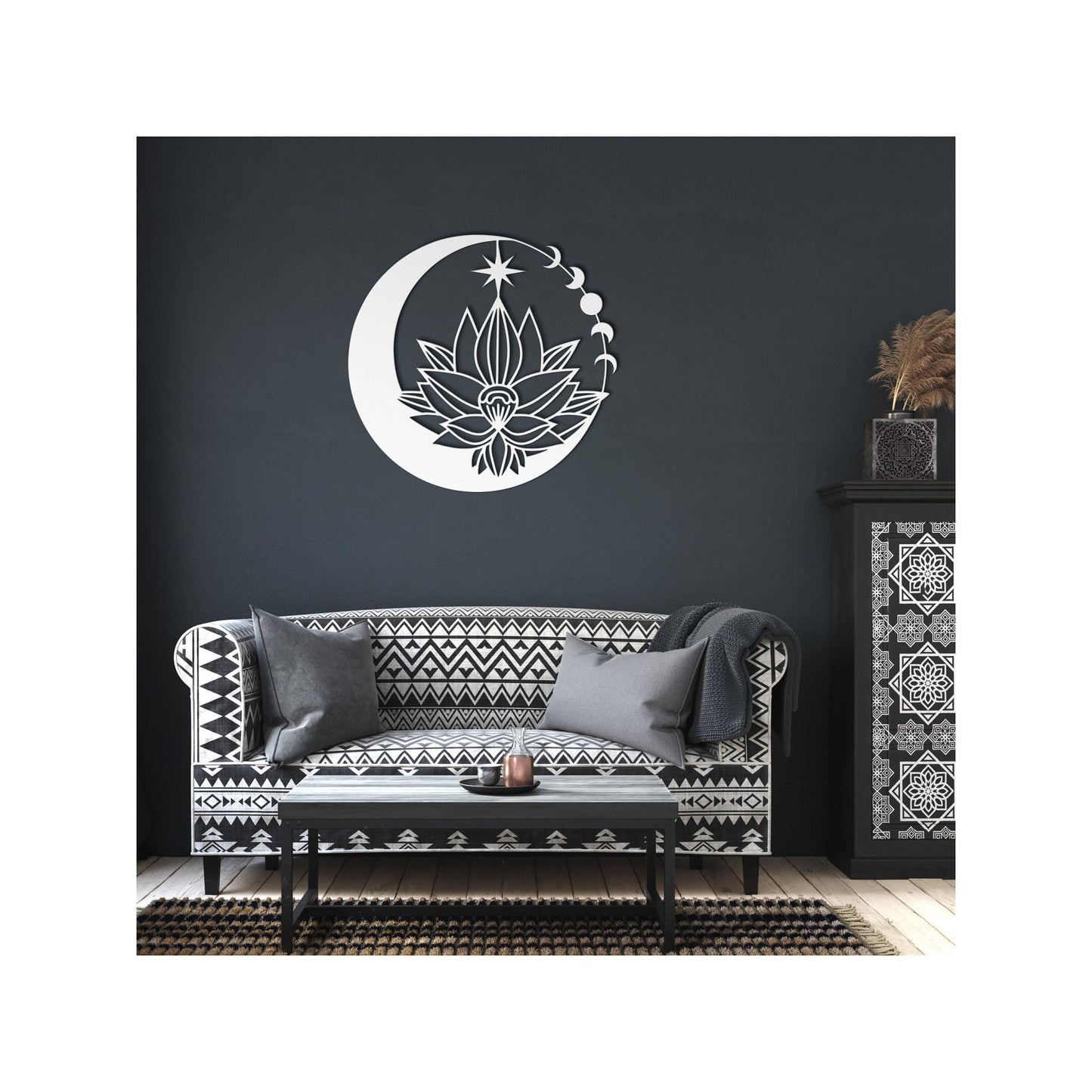 Lotus Moon Phase Metal Art for Wall - Indoor Outdoor Yoga Decor Gift - Spiritual Moon and Star Wall Hanging - Gift for Yogi clickcoastal
