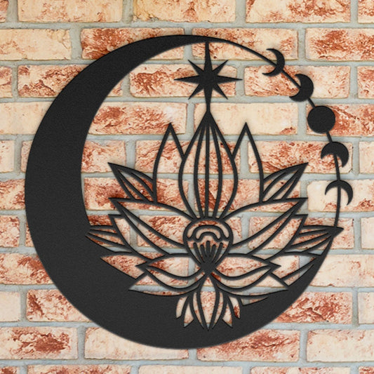 Lotus Moon Phase Metal Art for Wall - Indoor Outdoor Yoga Decor Gift - Spiritual Moon and Star Wall Hanging - Gift for Yogi