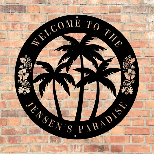 Personalized Tropical Patio Sign Custom Pool Sign Palm Trees Tropical Outdoor Beachy Decor Beach House Metal Art Front Porch Welcome Sign