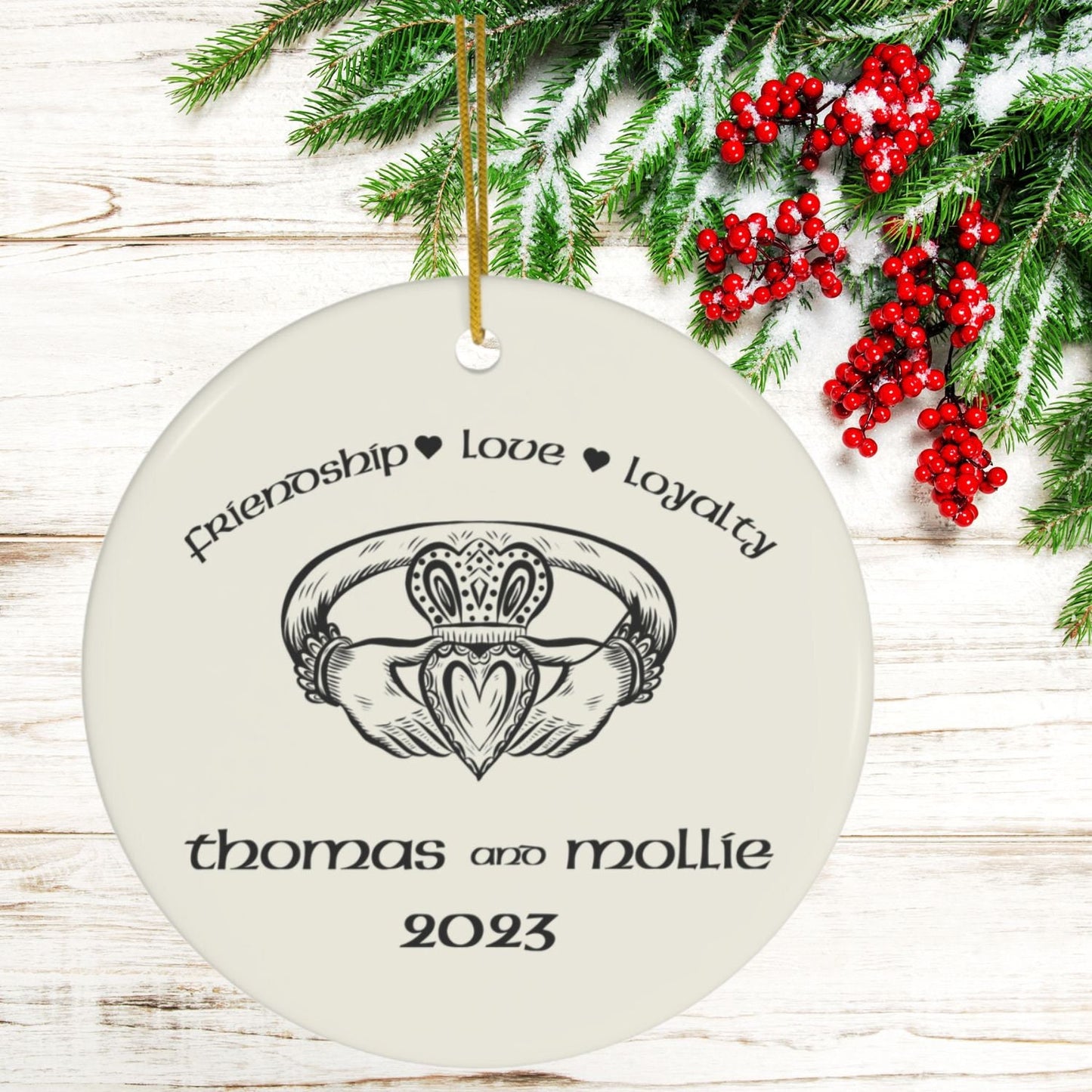 Irish Gaelic Christmas Ornament Nollaig Shona Duit Unique Celtic Ceramic Decoration Ireland Eire Custom Claddagh Gift for Irish clickcoastal