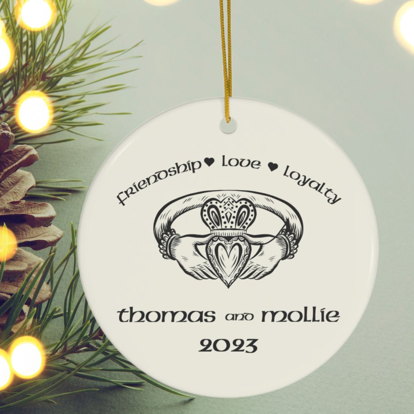 Irish Gaelic Christmas Ornament Nollaig Shona Duit Unique Celtic Ceramic Decoration Ireland Eire Custom Claddagh Gift for Irish clickcoastal