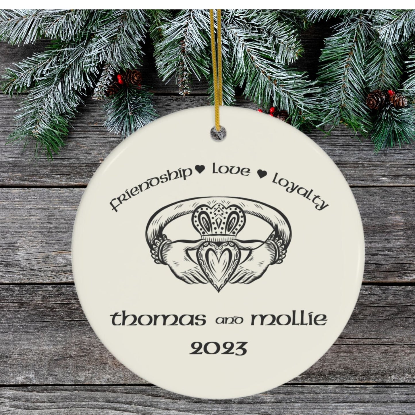 Irish Gaelic Christmas Ornament Nollaig Shona Duit Unique Celtic Ceramic Decoration Ireland Eire Custom Claddagh Gift for Irish clickcoastal