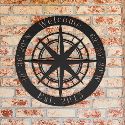 Custom Coordinates Outdoor Metal Sign, Personalized Compass Rose Metal Sign, Nautical Beach Decor, Lakehouse Gift