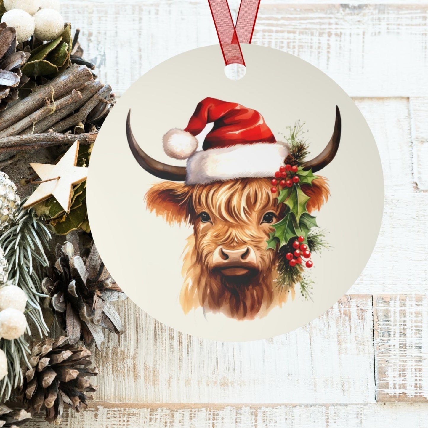 Highland Cow Santa Gift, Scottish Christmas Ornament, Traditional Holiday Keepsake, Celtic Decor, Metal Ornament,Scotland Pride,Proud Scot clickcoastal