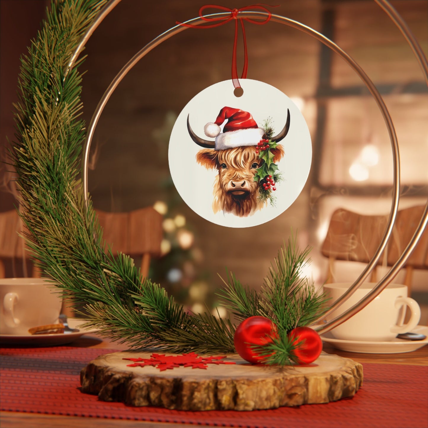 Highland Cow Santa Gift, Scottish Christmas Ornament, Traditional Holiday Keepsake, Celtic Decor, Metal Ornament,Scotland Pride,Proud Scot clickcoastal