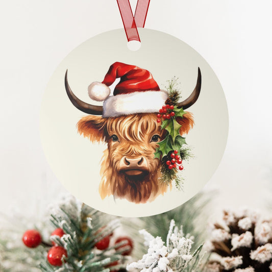 Highland Cow Santa Gift, Scottish Christmas Ornament, Traditional Holiday Keepsake, Celtic Decor, Metal Ornament,Scotland Pride,Proud Scot
