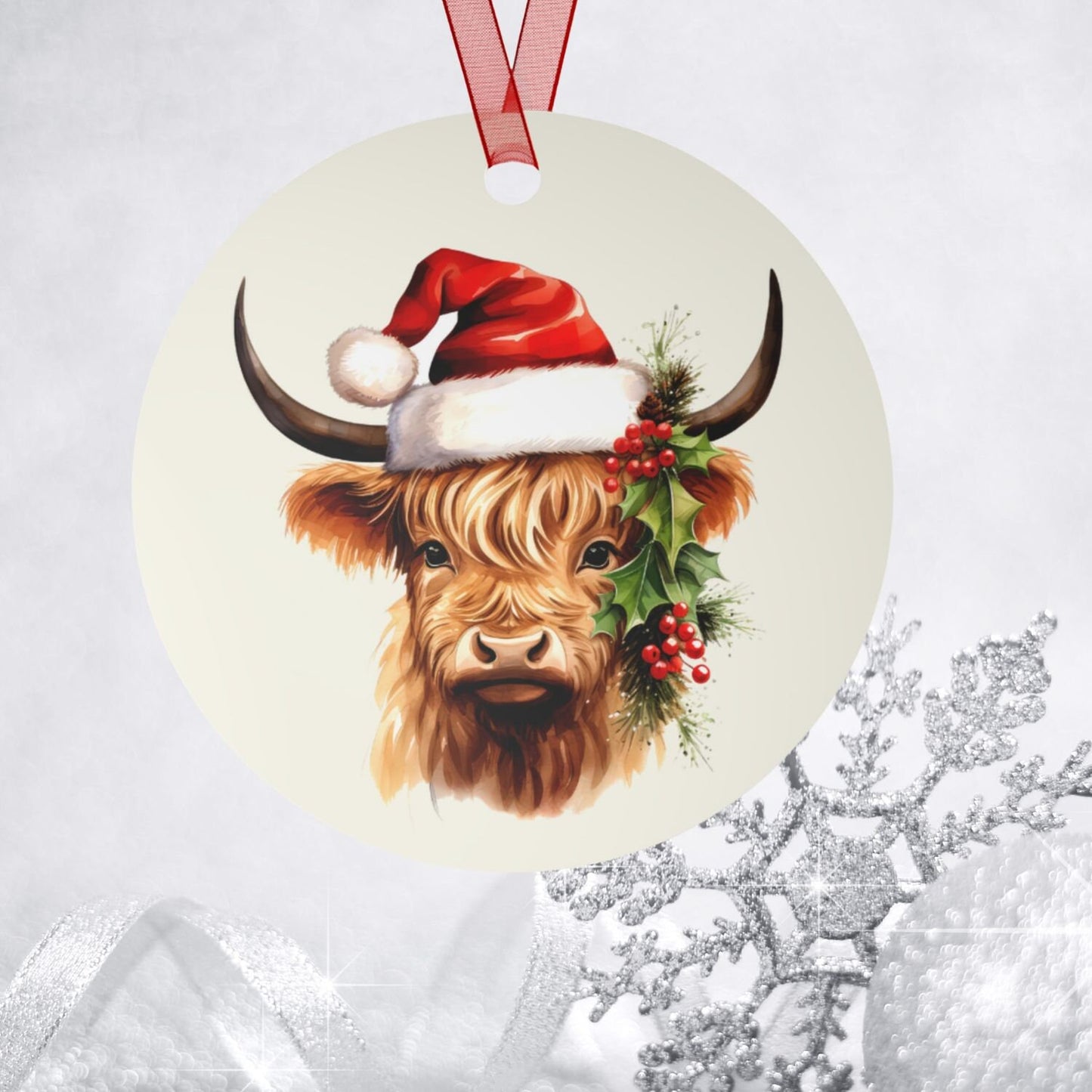 Highland Cow Santa Gift, Scottish Christmas Ornament, Traditional Holiday Keepsake, Celtic Decor, Metal Ornament,Scotland Pride,Proud Scot clickcoastal