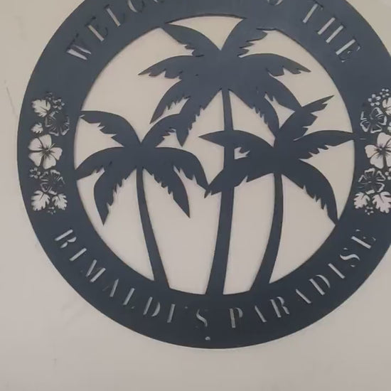 Personalized Tropical Patio Sign Custom Pool Sign Palm Trees Tropical Outdoor Beachy Decor Beach House Metal Art Front Porch Welcome Sign