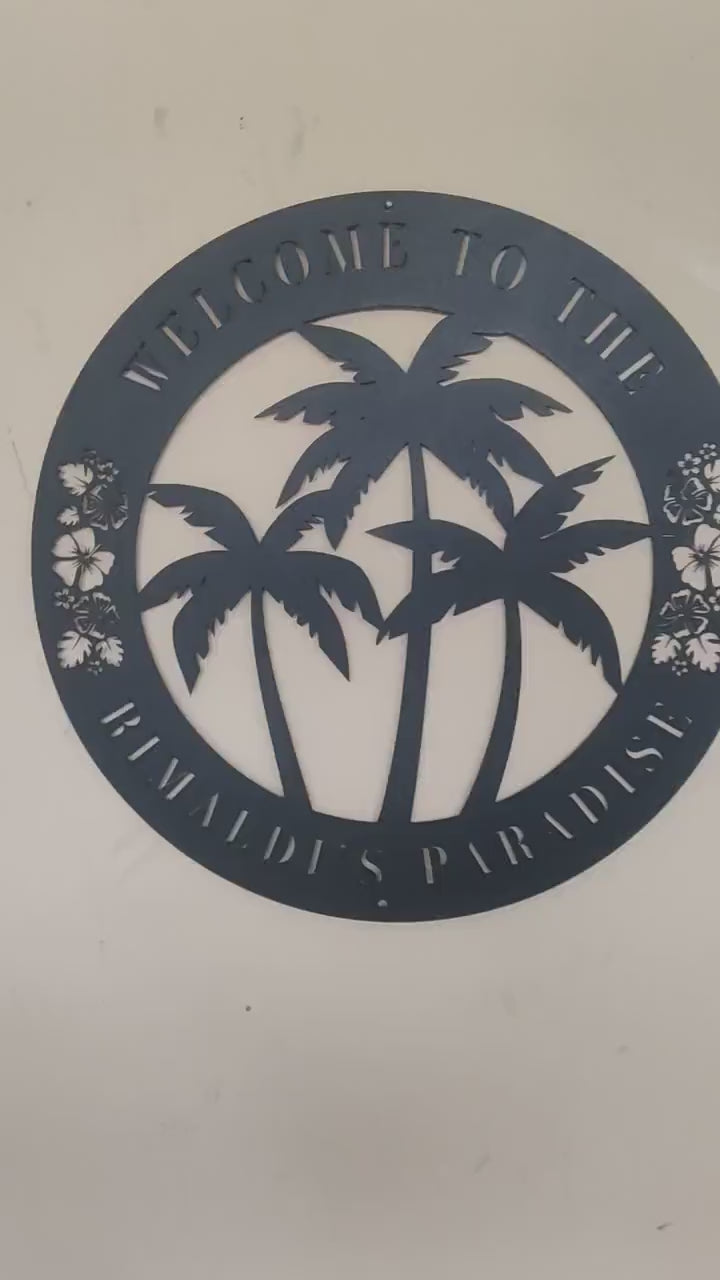 Personalized Tropical Patio Sign Custom Pool Sign Palm Trees Tropical Outdoor Beachy Decor Beach House Metal Art Front Porch Welcome Sign