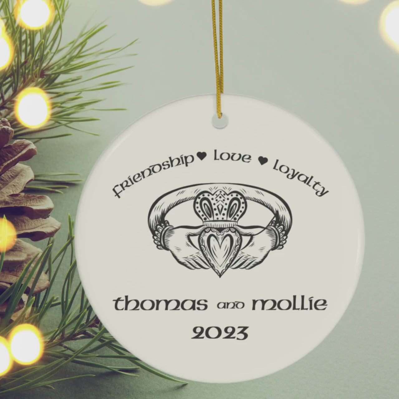 Irish Gaelic Christmas Ornament Nollaig Shona Duit Unique Celtic Ceramic Decoration Ireland Eire Custom Claddagh Gift for Irish