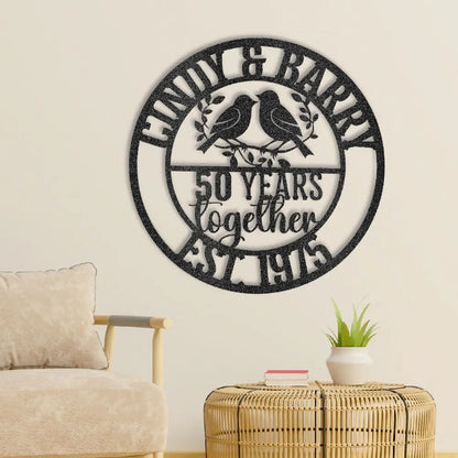 Personalized lovebirds anniversary metal sign with couple names, milestone and established year
