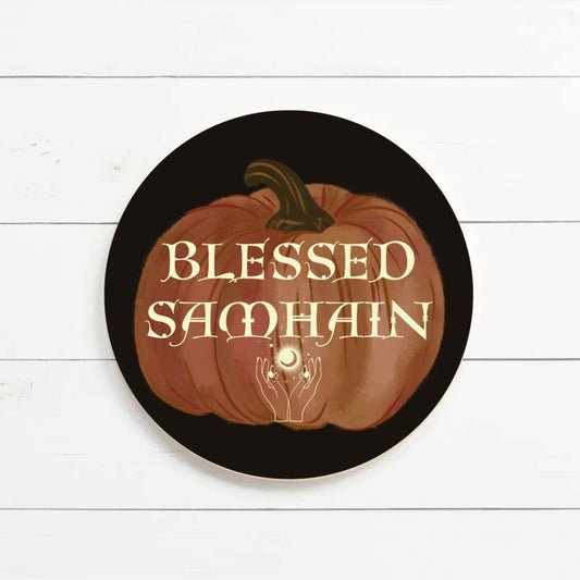 Blessed Samhain Wooden Sign Handcrafted Halloween Décor Witchcraft and Pagan Inspired Harvest Festival Wall Art Customizable Design
